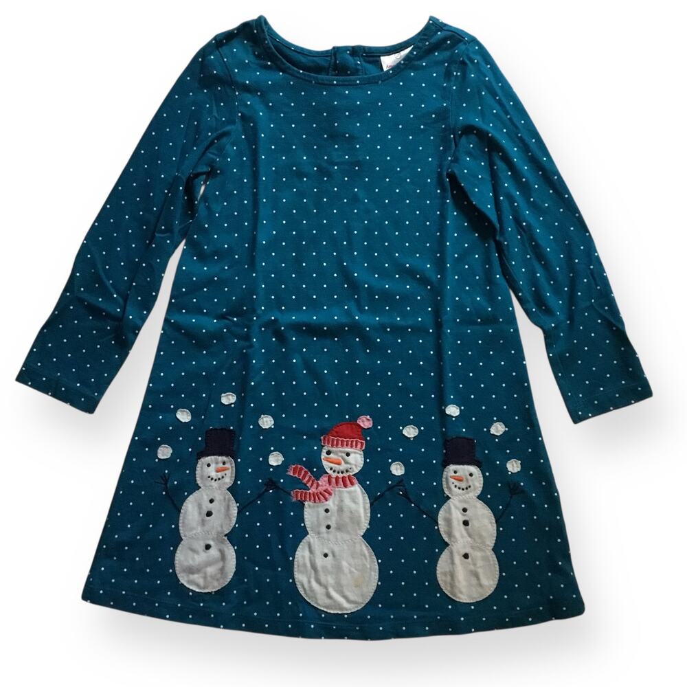 Hanna Andersson teal polkadot snowman appliqué dress